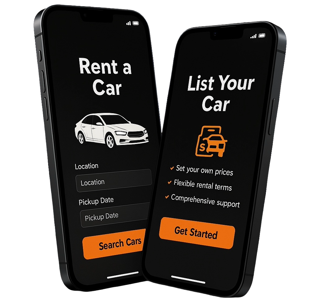 RentEasy mobile app mockups on two angled smartphones